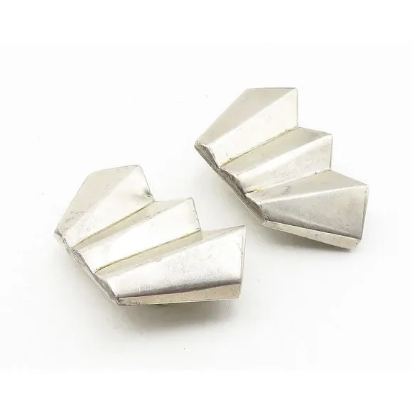 MEXICO 925 Sterling Silver Vintage Shiny Modernist Non Pierce Earrings EG5848